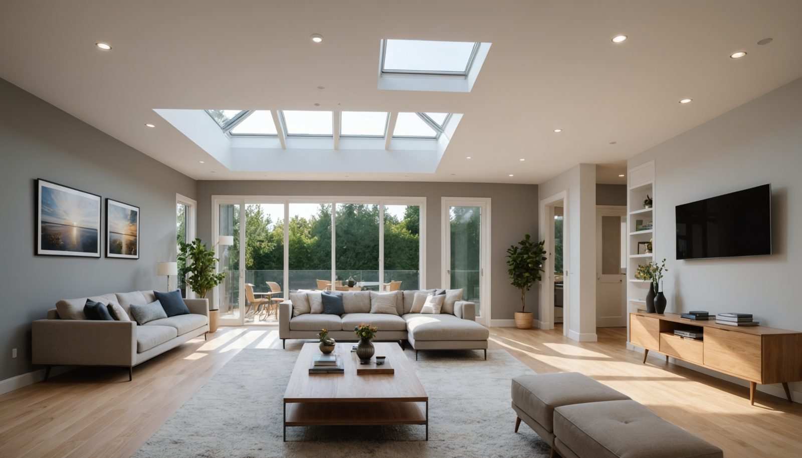 A ceiling transformed by natural light streaming through a skylight