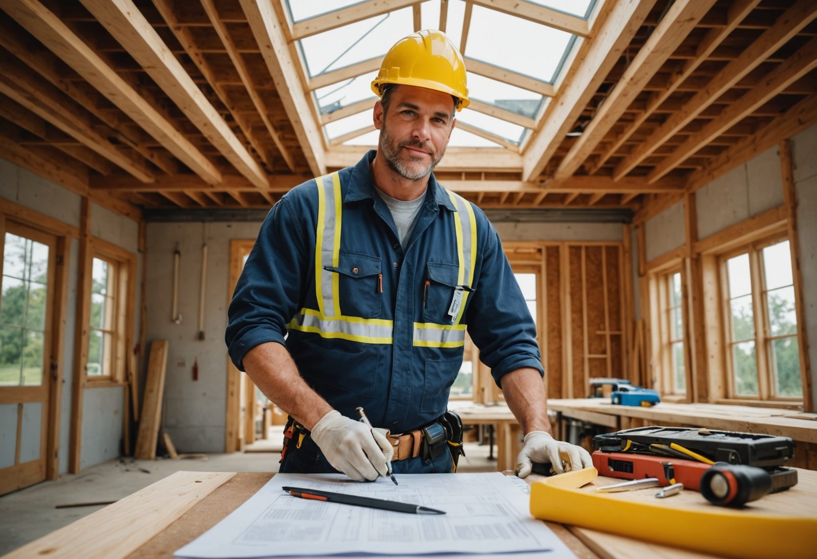 Professional contractor with credentials and installation materials at a job site