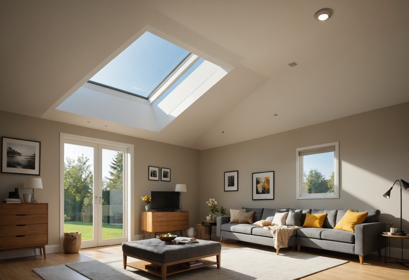 A finished skylight installation seen from inside the room, with bright sunlight streaming through the new window